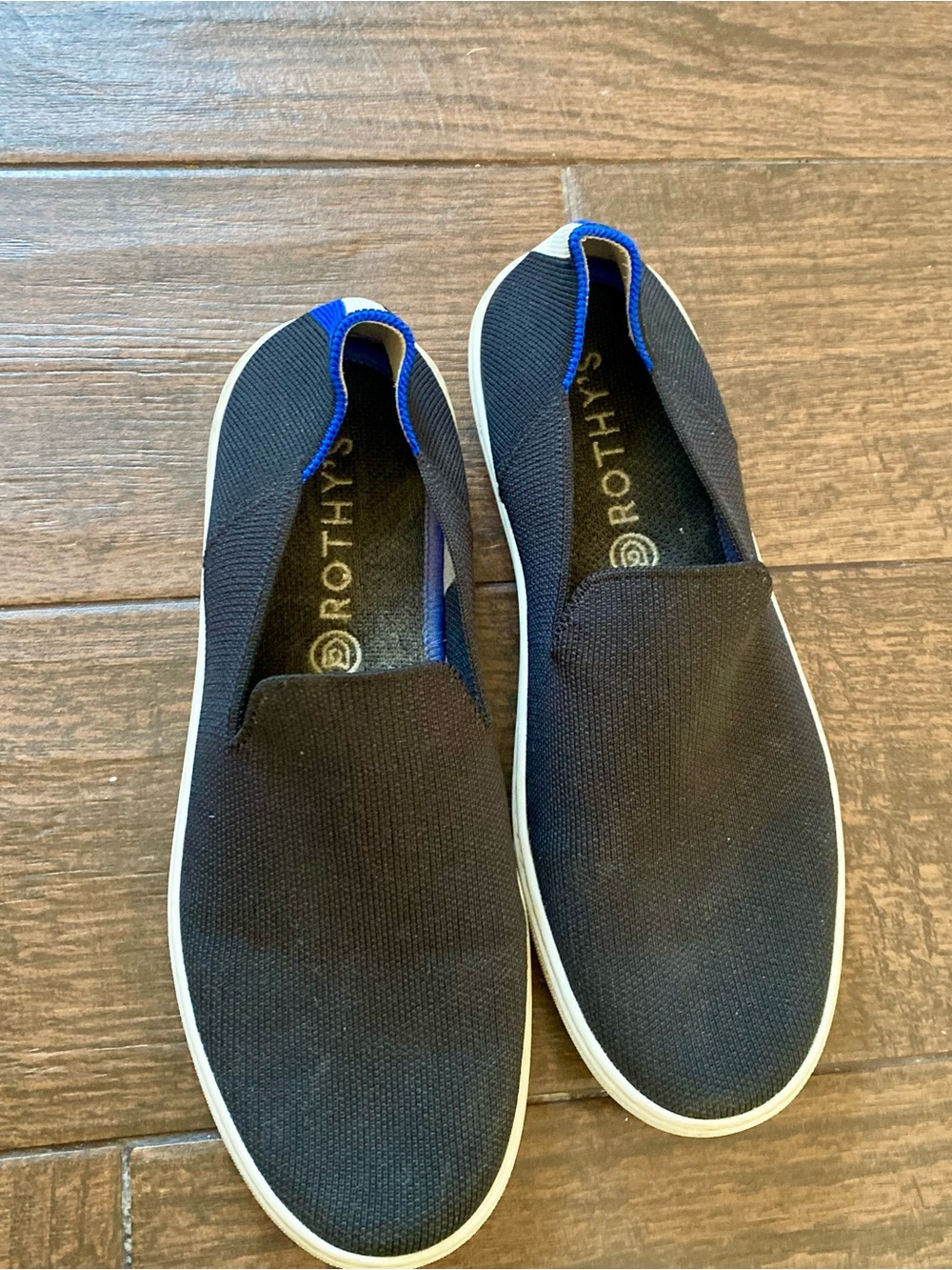 Pre-Loved Rothy's Black Slip-On Loafers with Blue Trim
